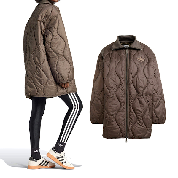 ADIDAS 外套 QUILTED MID 棕綠色 長版 復古 絎縫外套 女 IW5863