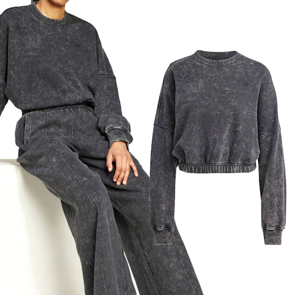 ADIDAS 大學T P ESS SWEATER 水洗灰 短版 長袖 女 IW5756