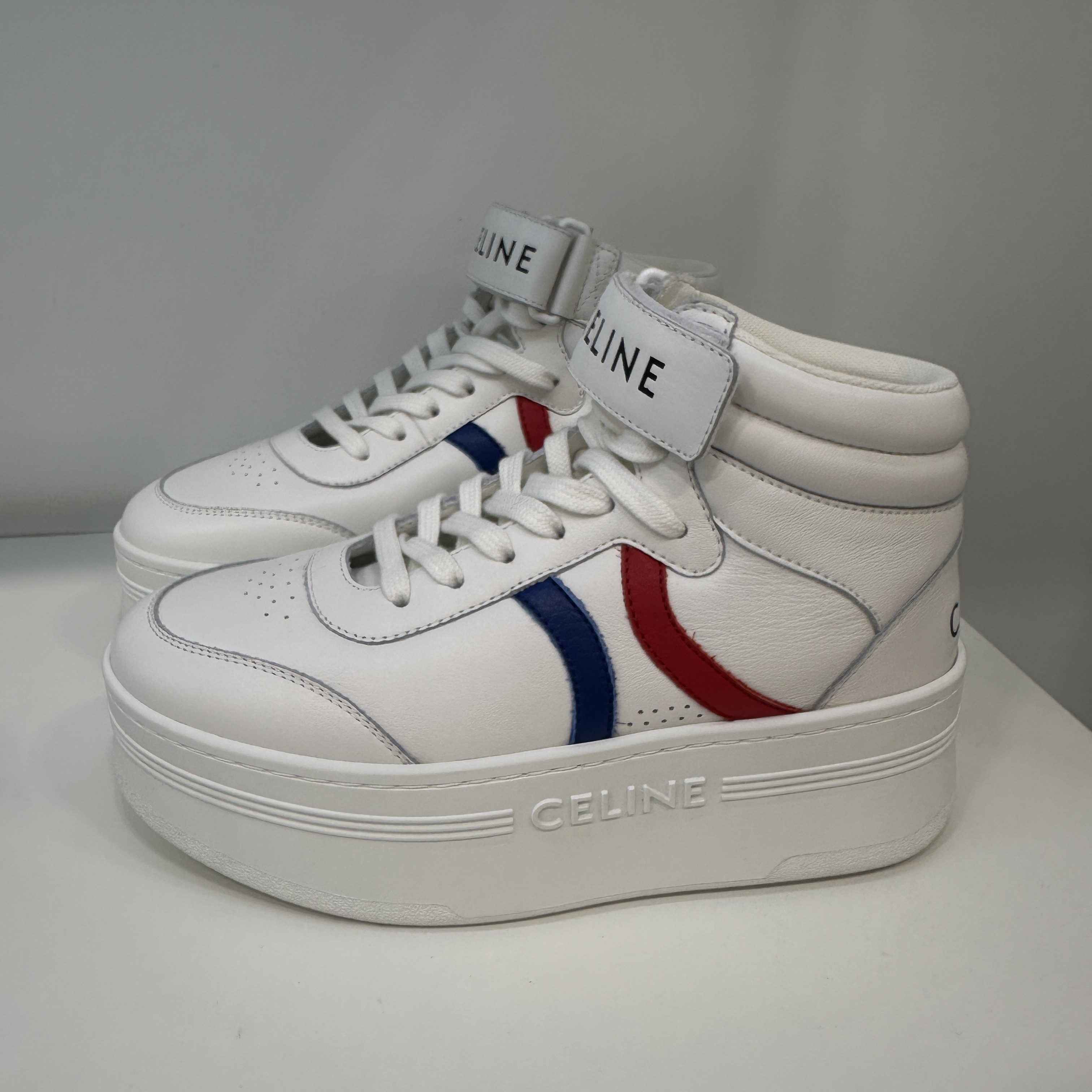 celine mid lace-up sneakers blue red white