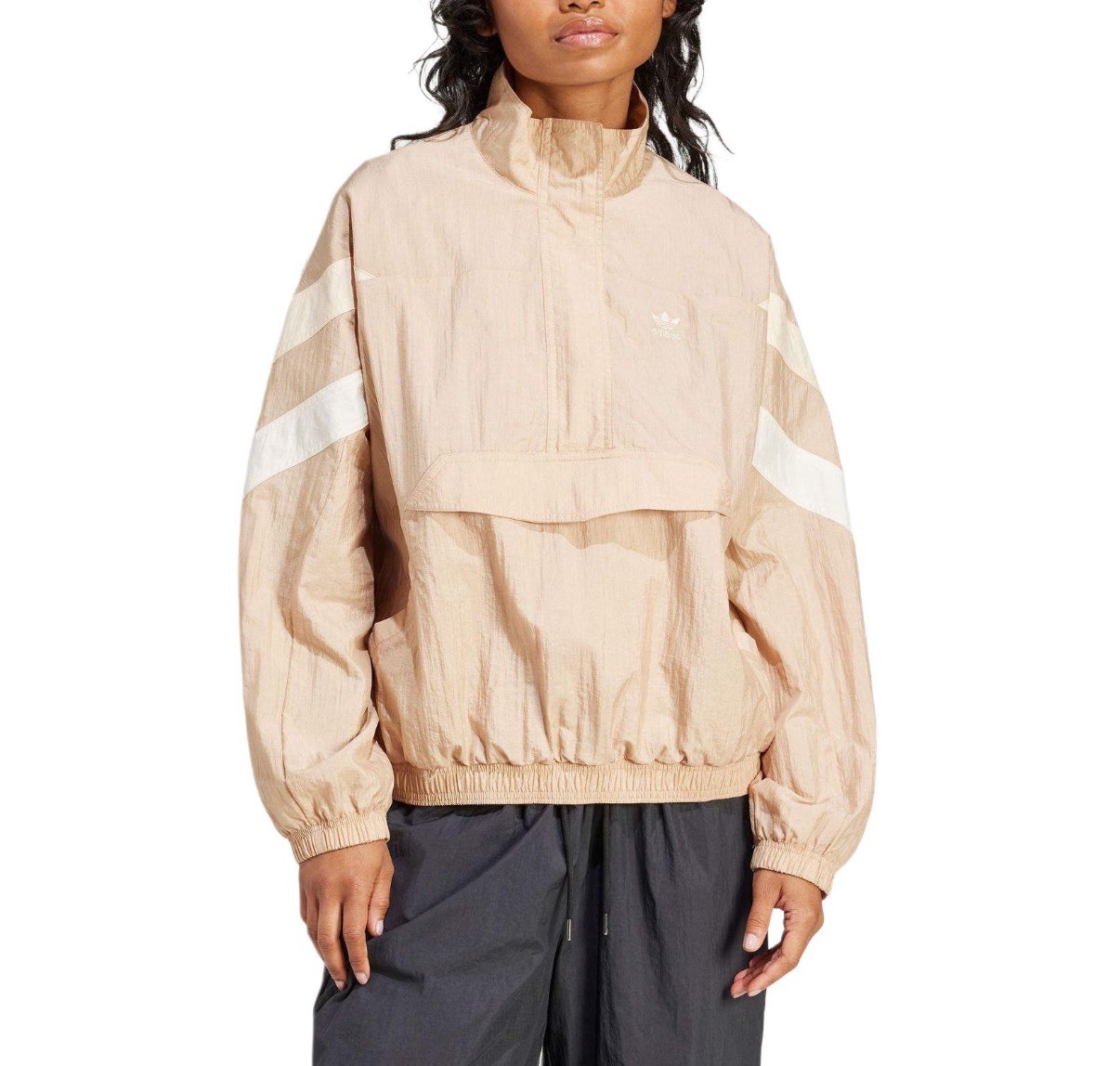 adidas originals 半拉鏈條紋復古運動立領拼色長袖夾克外套 女款 米色