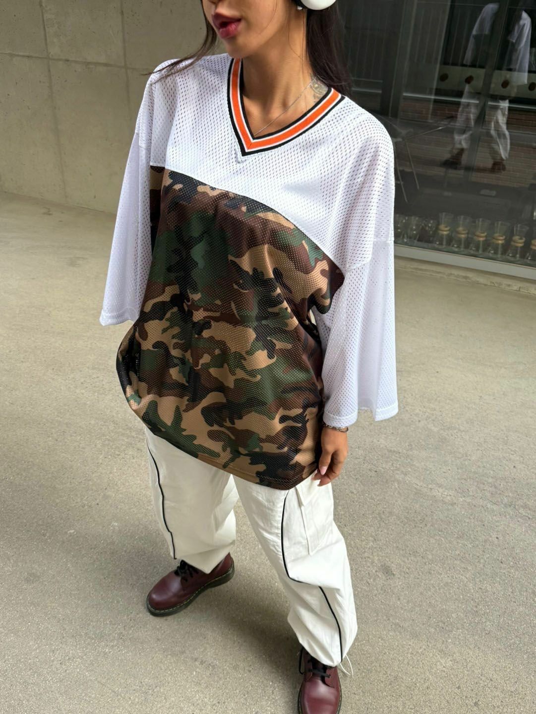 V領拼迷彩短袖Tee 3.14-073T