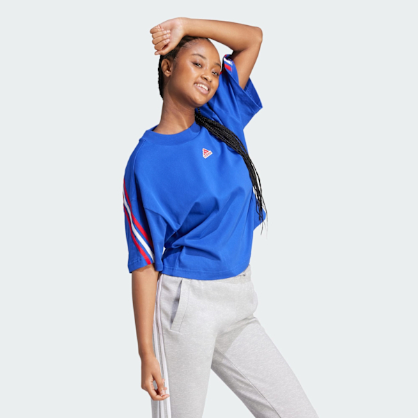 ADIDAS 短T W FI 3S TEE 寶藍色 白紅條紋 短版 上衣 女 IS8340