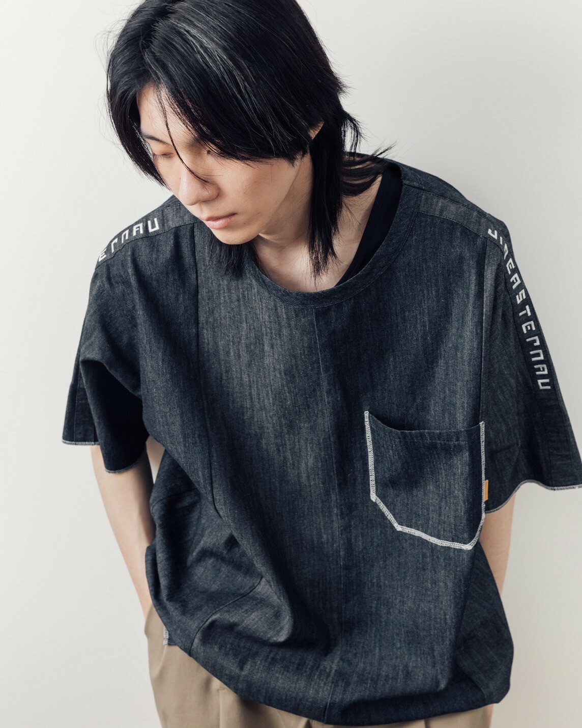 JINEASTERNAU 丹寧拼接寬版Tee