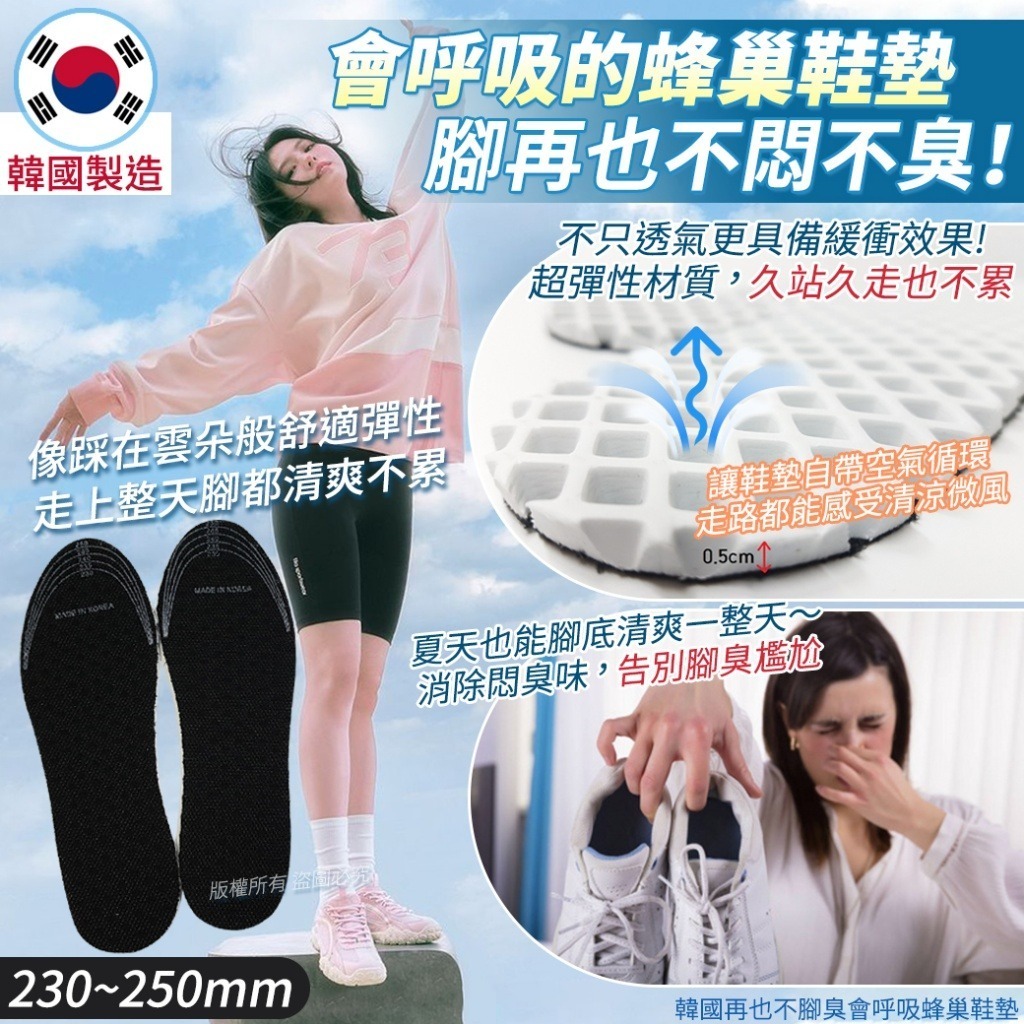 韓國再也不腳臭會呼吸蜂巢鞋墊1對裝