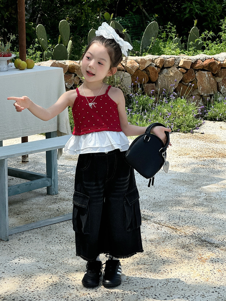 夏季芭蕾紅色波點荷葉邊上衣