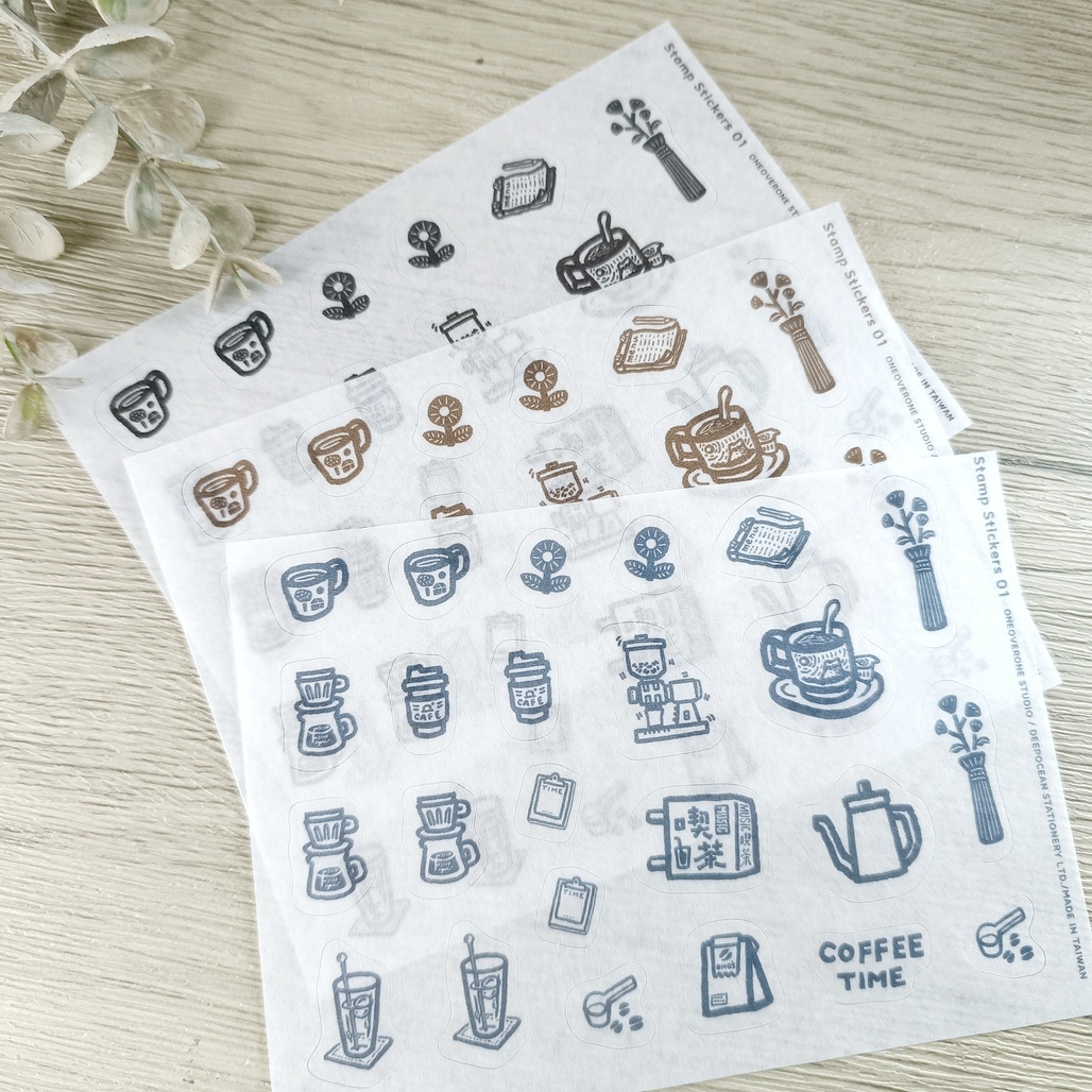 一分之一工作室．膠版印章的和紙貼紙01 黑/深藍/紅棕