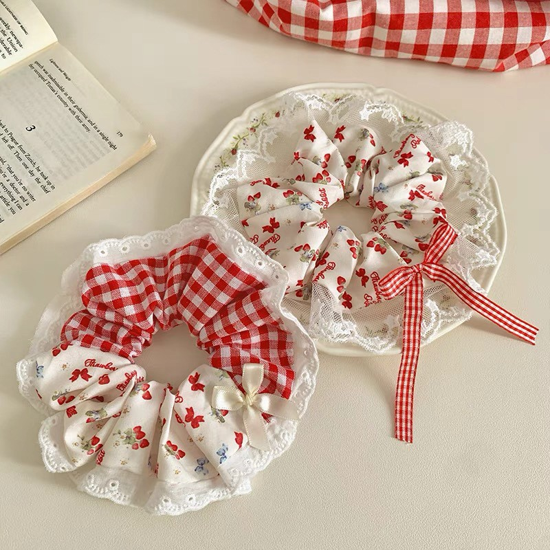 [3 FOR RM10] Strawberry Pop Red Lace Bow Scrunchies