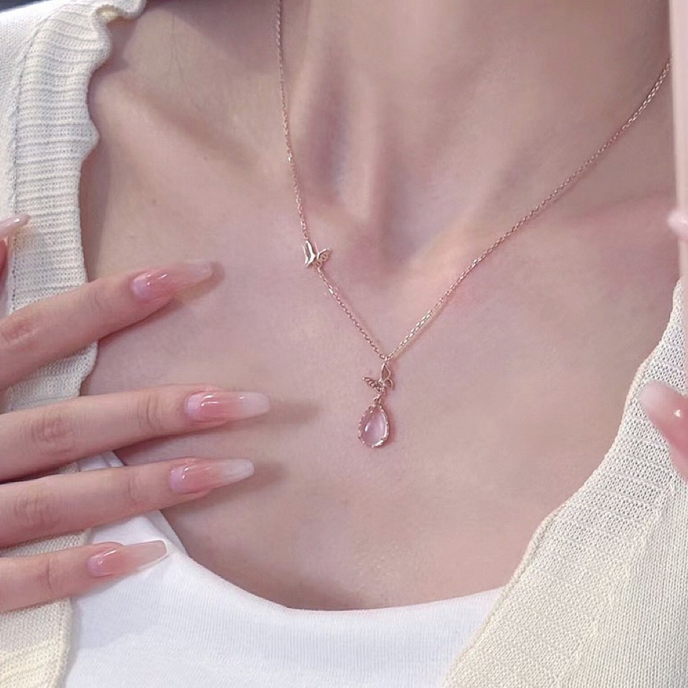 項鍊 銀項鍊 鎖骨鏈 純銀項鍊 女生項鍊 水晶項鍊 蝴蝶項鍊 韓國項鍊 粉晶項鍊 小眾項鍊 招桃花項鍊 女生禮物 220