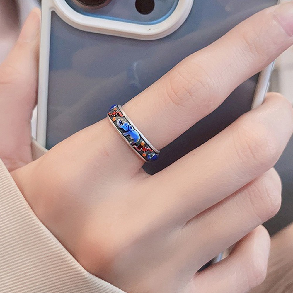 戒指 純銀戒指 復古戒指 細戒指 銀戒指 韓國戒指 彩釉戒指 大象戒指 古風戒指 開口戒指 藍色戒指 女生禮物 097