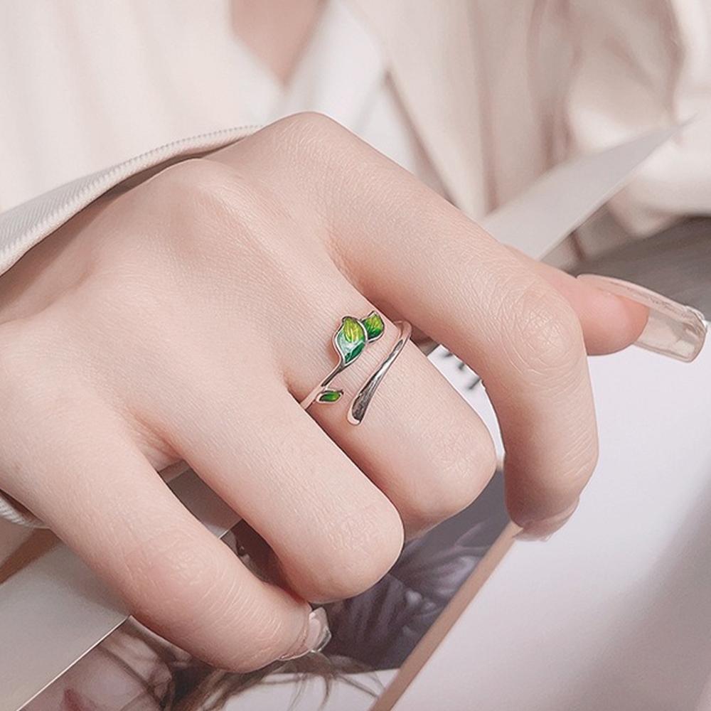 戒指 純銀戒指 小戒指 開口戒指 造型戒指 古風戒指 復古戒指 不掉色戒指 綠色戒指 葉子戒指 女生禮物 送禮 095