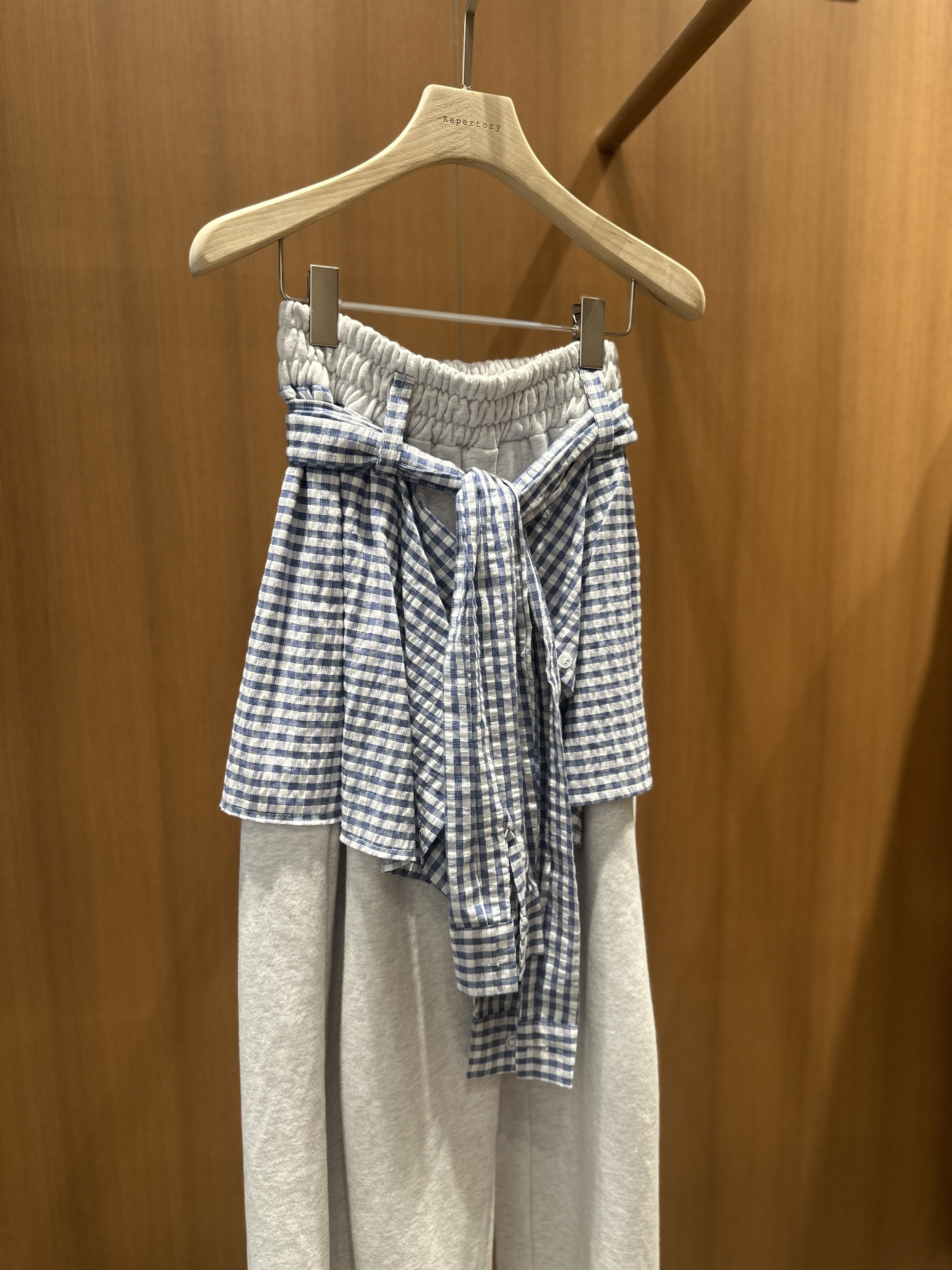 格紋襯衫拼接棉褲