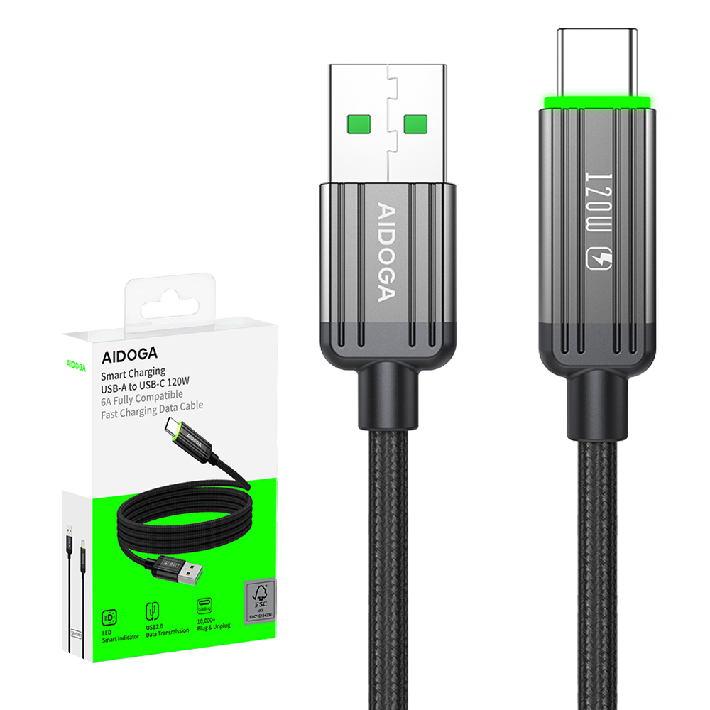 AIDOGA 艾迪伽 120W Type-C充電傳輸快充線 QC4.0 LED 鋼鐵系列 1.2M