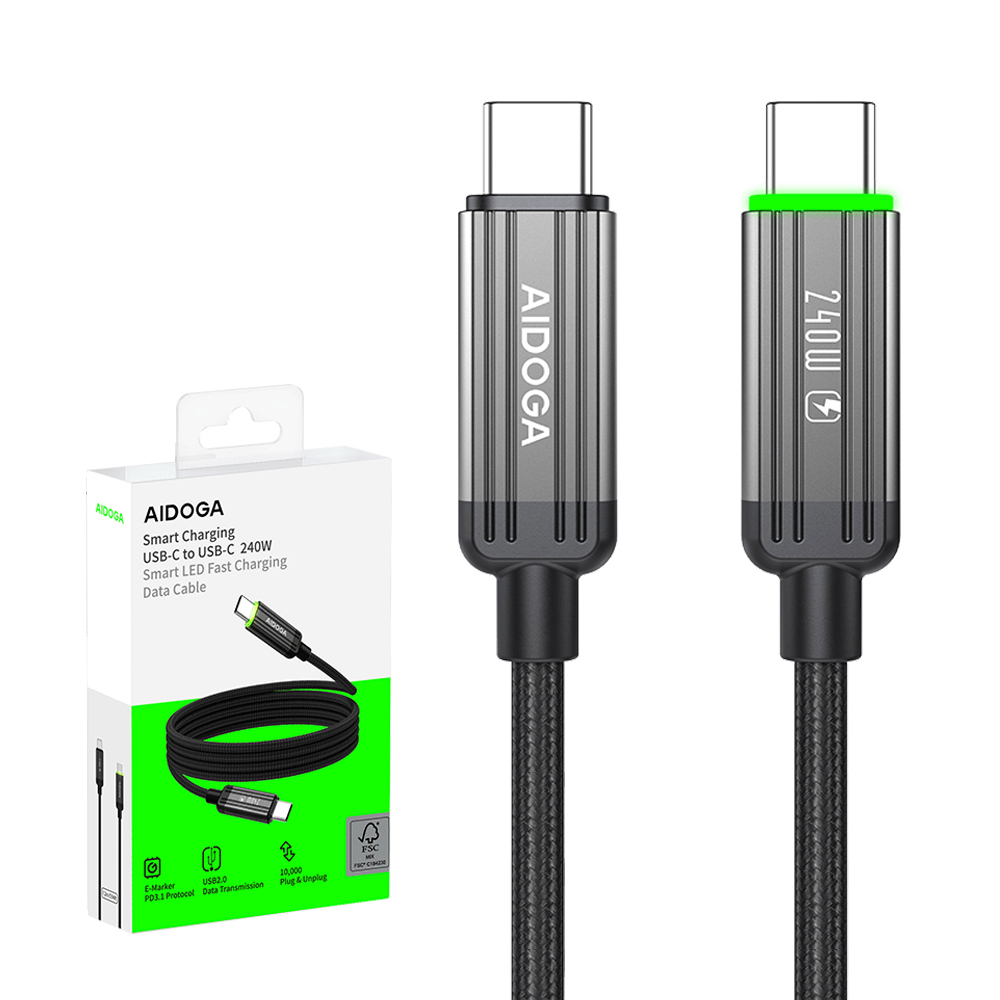 AIDOGA 艾迪伽 240W 雙Type-C/PD充電傳輸快充線 LED 鋼鐵系列 1.2M