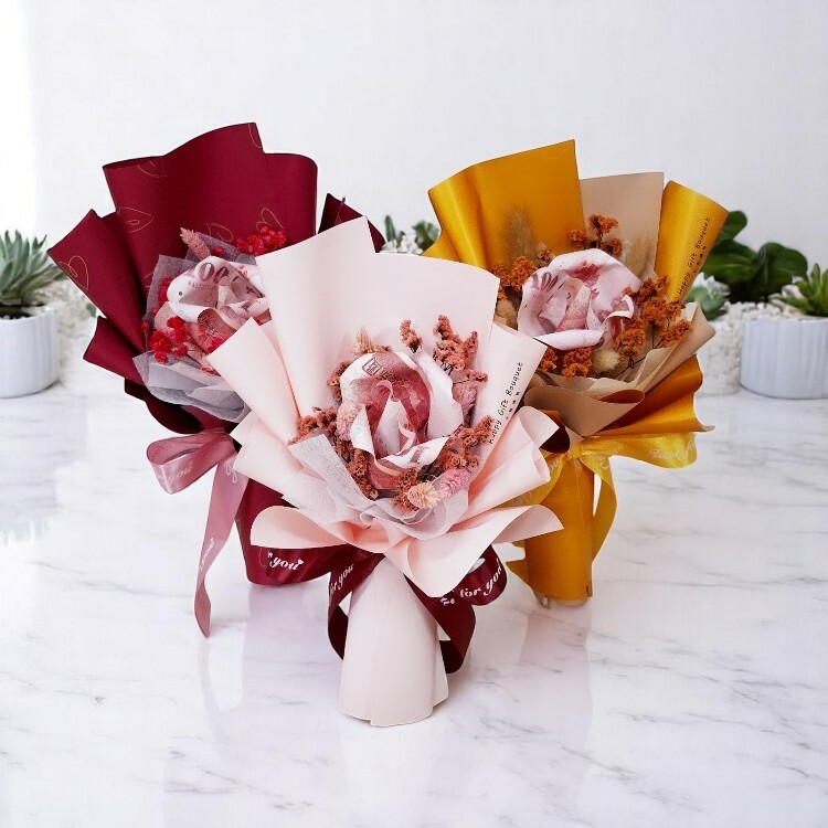 粉色單朵玫瑰6張鈔票花束,有錢花束,Red single rose bouquet of 6 banknotes, money bouquet