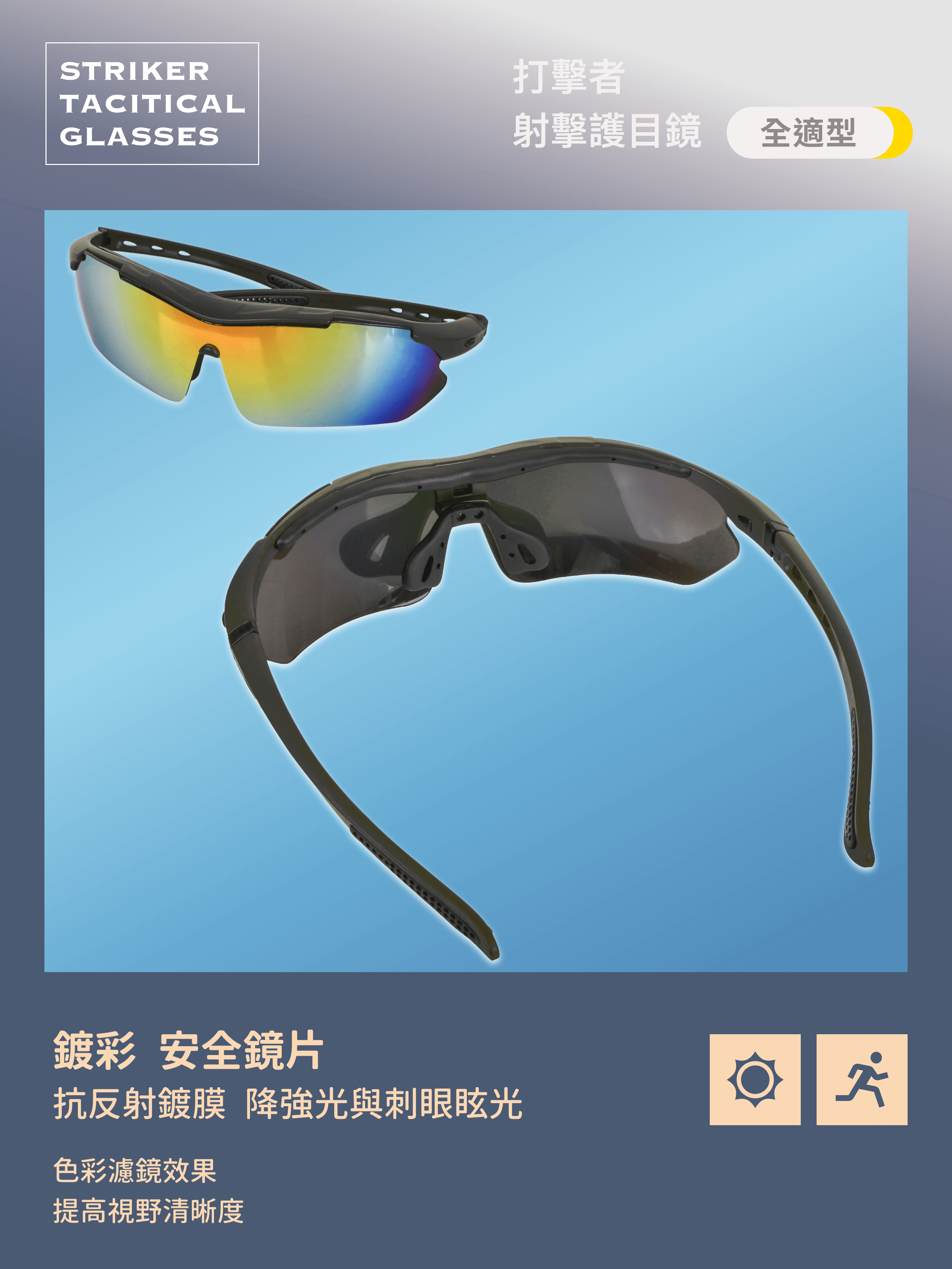 Striker Tactical Shooting Glasses 4+1 鏡片配置,適應各種環境。 ✅ 4 片抗衝擊鏡片(ANSI Z87.1 認證),防 BB 彈與飛散物 ✅ 1 片偏光鏡片(ANSI Z80.3 認證),過濾強光與反射光 ✅ 濾片抗 UV 400,提供全天候防護 ✅ 可調節鏡腳 + 風鏡綁帶支援,穩固舒適 ✅ 支援近視鏡架(Rx Insert),清晰戰術視野 適用於多種戰術行動,確保安全視野!