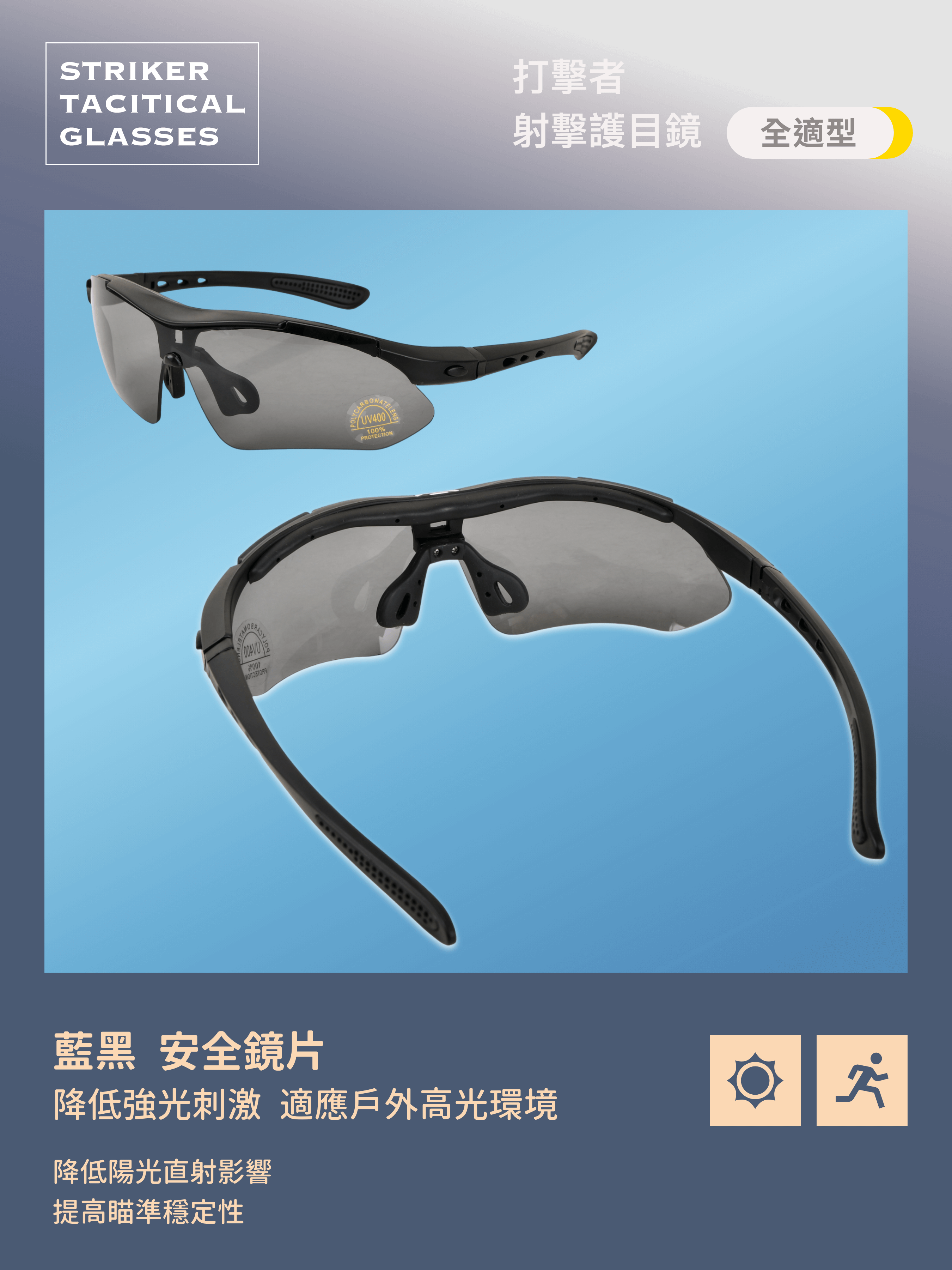 Striker Tactical Shooting Glasses 4+1 鏡片配置,適應各種環境。 ✅ 4 片抗衝擊鏡片(ANSI Z87.1 認證),防 BB 彈與飛散物 ✅ 1 片偏光鏡片(ANSI Z80.3 認證),過濾強光與反射光 ✅ 濾片抗 UV 400,提供全天候防護 ✅ 可調節鏡腳 + 風鏡綁帶支援,穩固舒適 ✅ 支援近視鏡架(Rx Insert),清晰戰術視野 適用於多種戰術行動,確保安全視野!