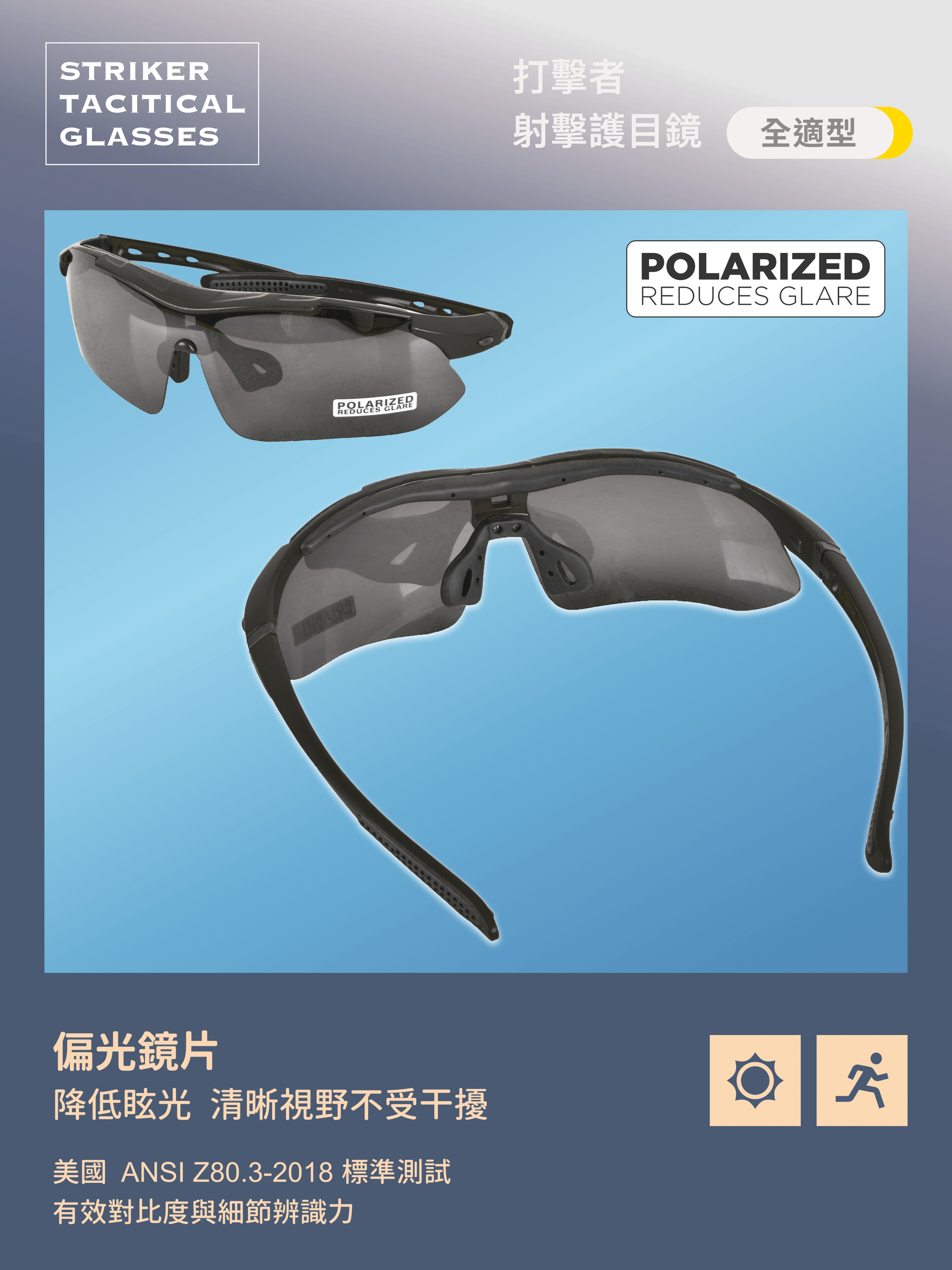 Striker Tactical Shooting Glasses 4+1 鏡片配置,適應各種環境。 ✅ 4 片抗衝擊鏡片(ANSI Z87.1 認證),防 BB 彈與飛散物 ✅ 1 片偏光鏡片(ANSI Z80.3 認證),過濾強光與反射光 ✅ 濾片抗 UV 400,提供全天候防護 ✅ 可調節鏡腳 + 風鏡綁帶支援,穩固舒適 ✅ 支援近視鏡架(Rx Insert),清晰戰術視野 適用於多種戰術行動,確保安全視野!