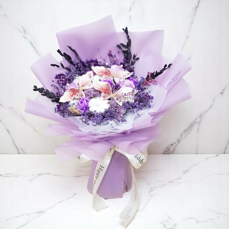 紫色蝴蝶鈔票花束,新款鈔票花束蝴蝶花園造型鈔票花束