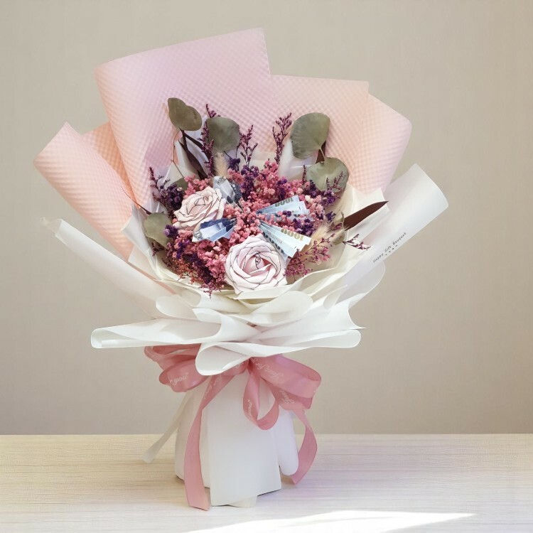 粉紅包裝蝴蝶千元藍色鈔票花束,新款鈔票花束蝴蝶花園造型鈔票花束