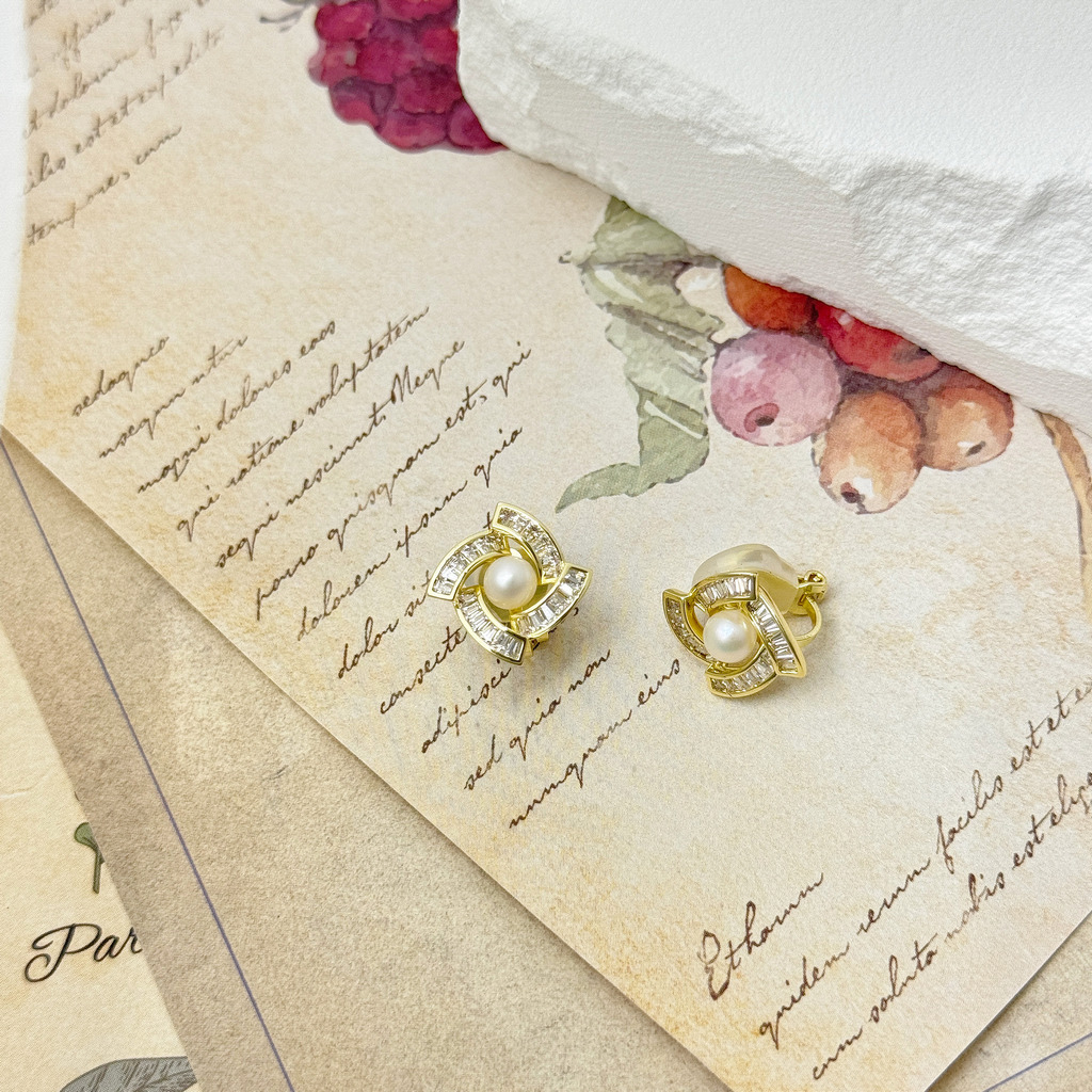 幾何綻放珍珠耳環 耳夾