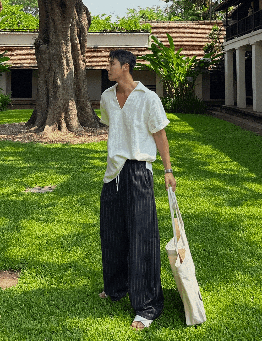 Mallorca ST 亞麻直條紋寬褲