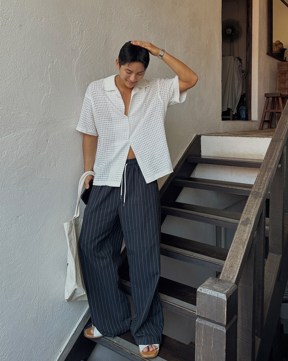 Mallorca ST 亞麻直條紋寬褲