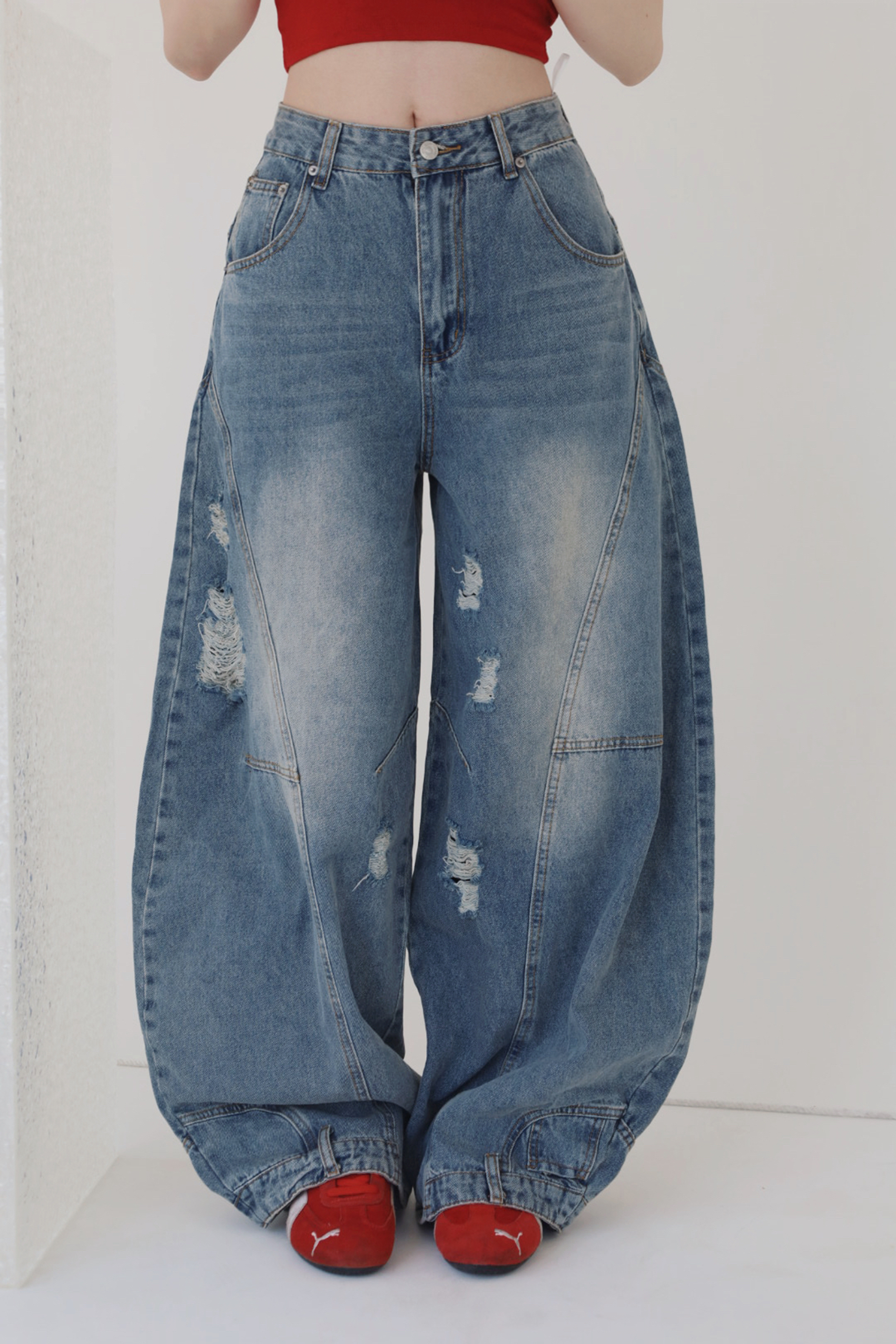 復古刷色彎刀褲