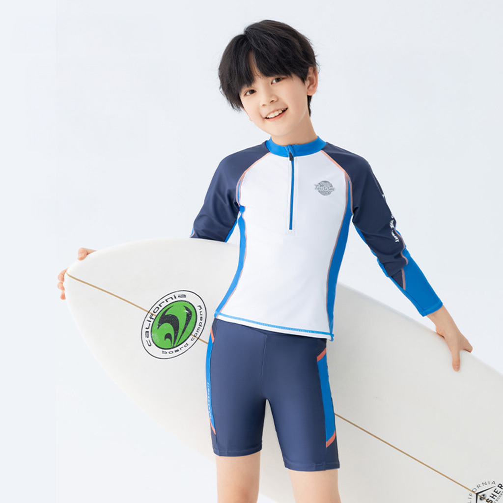 中童長袖拼色游泳防曬套裝 - 藍