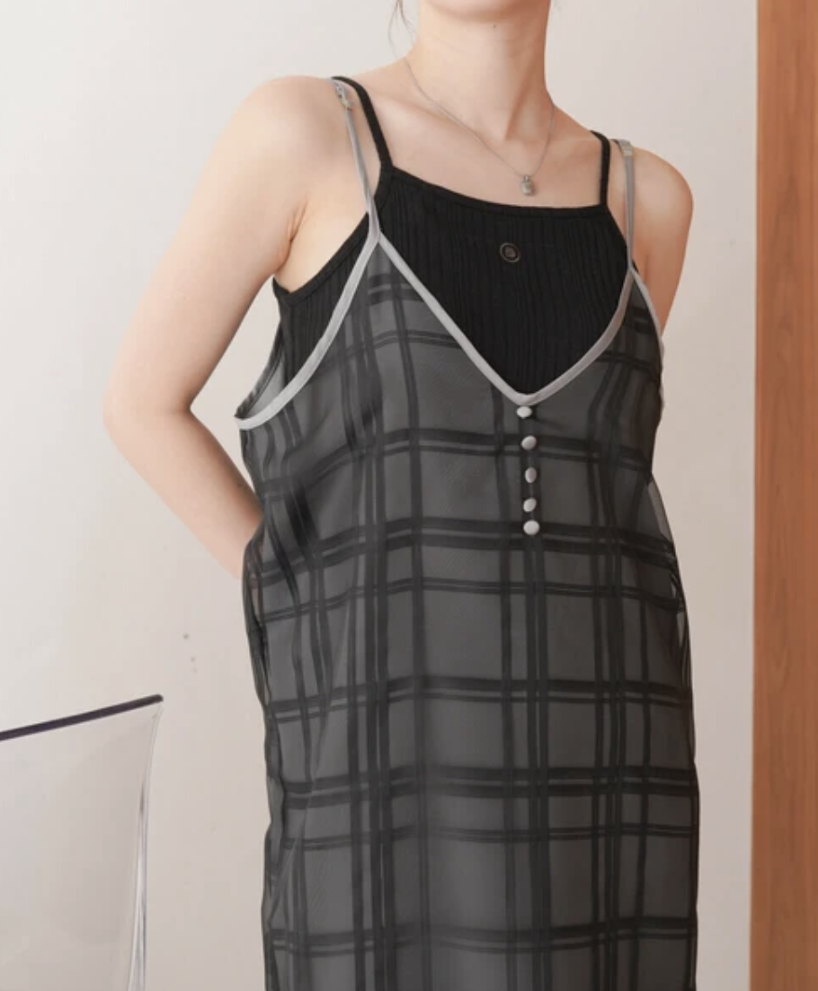 透視格紋吊帶連身裙