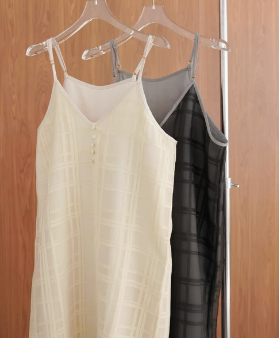 透視格紋吊帶連身裙