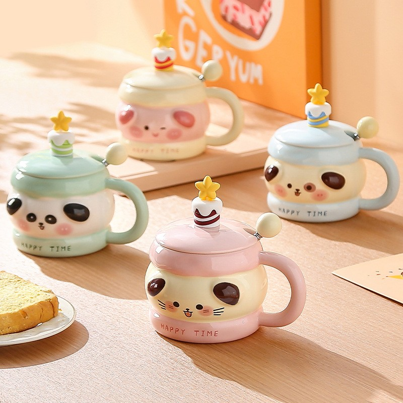 Cartoon Cake Mug with Lid and Spoon