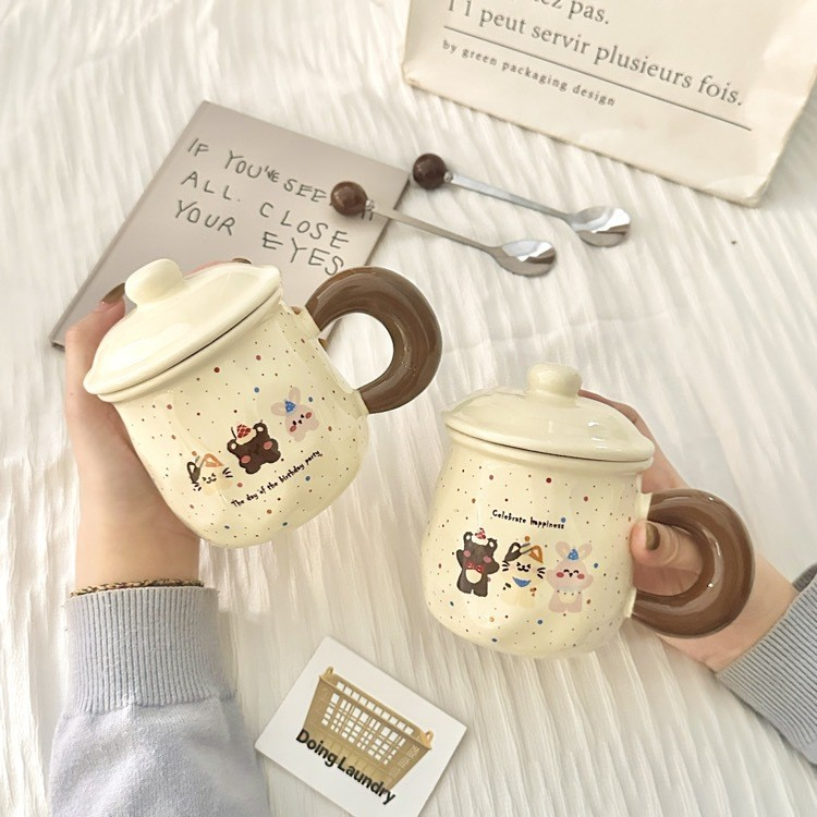 Creamy Pastel Birthday Animal Party Mug with Lid and Spoon