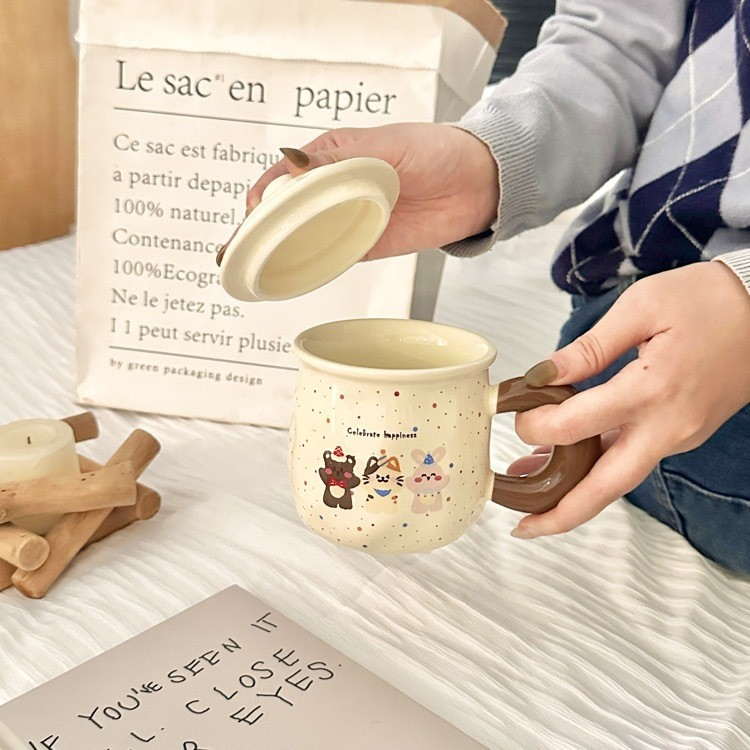 Creamy Pastel Birthday Animal Party Mug with Lid and Spoon