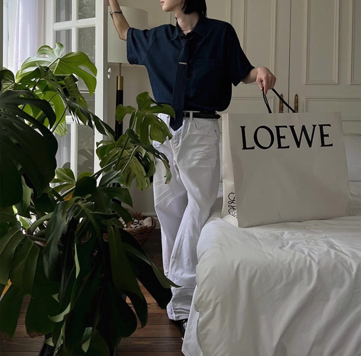 復古休閒牛仔領帶襯衫