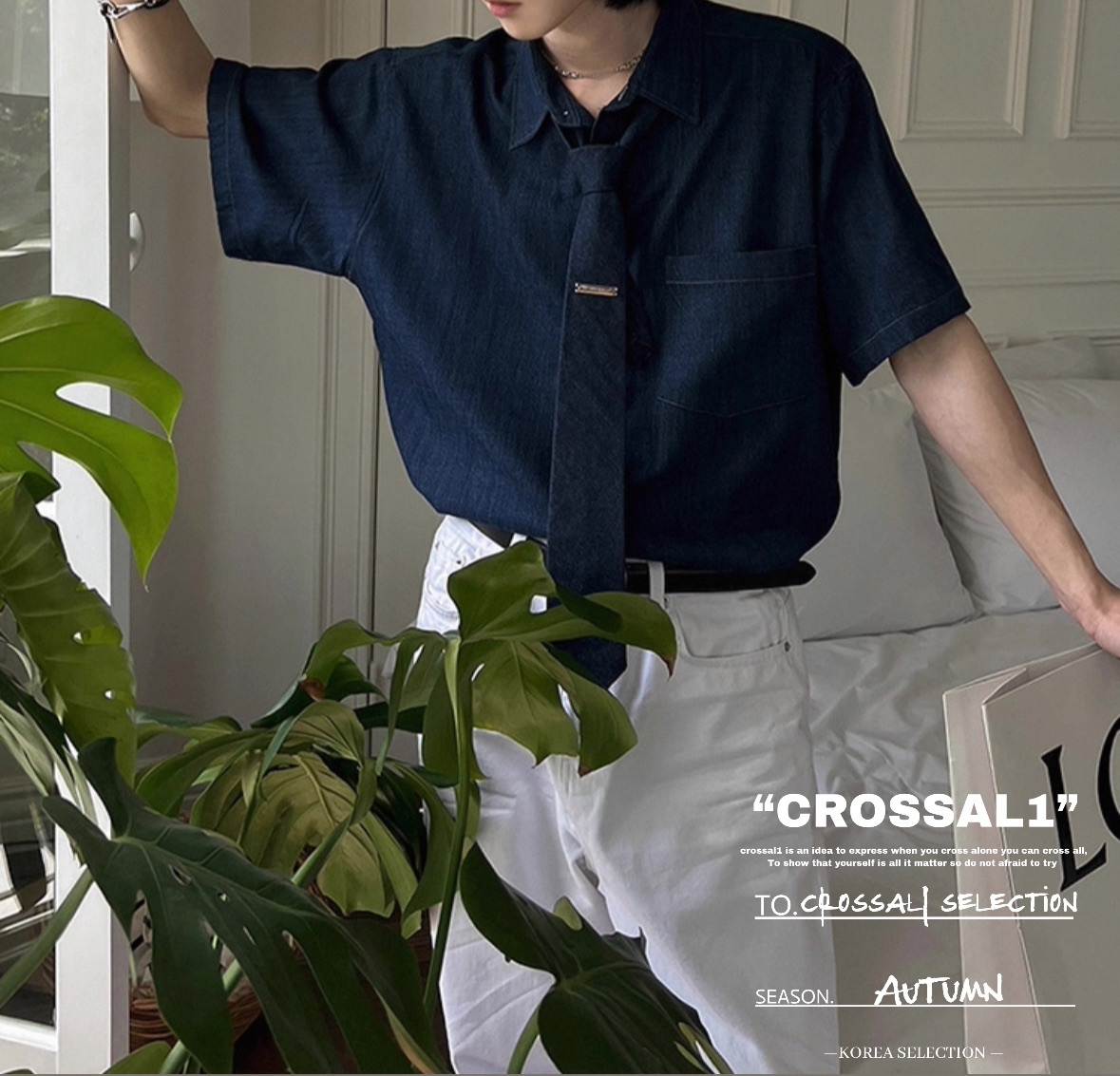 復古休閒牛仔領帶襯衫