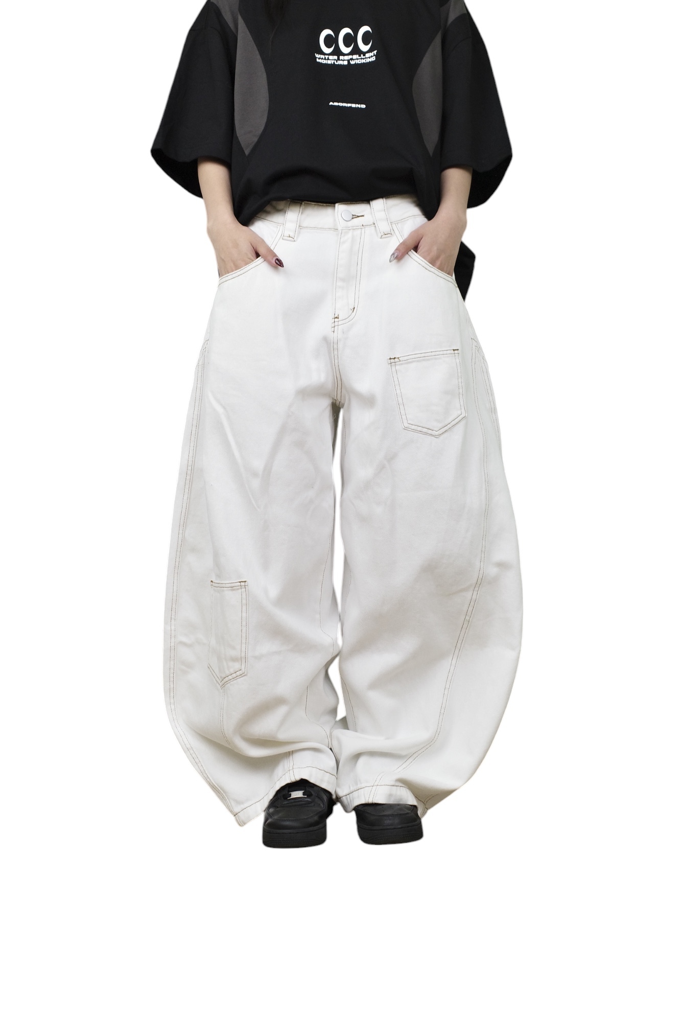 『Always_Good』不規則拼接 明線 白色 彎刀 長褲