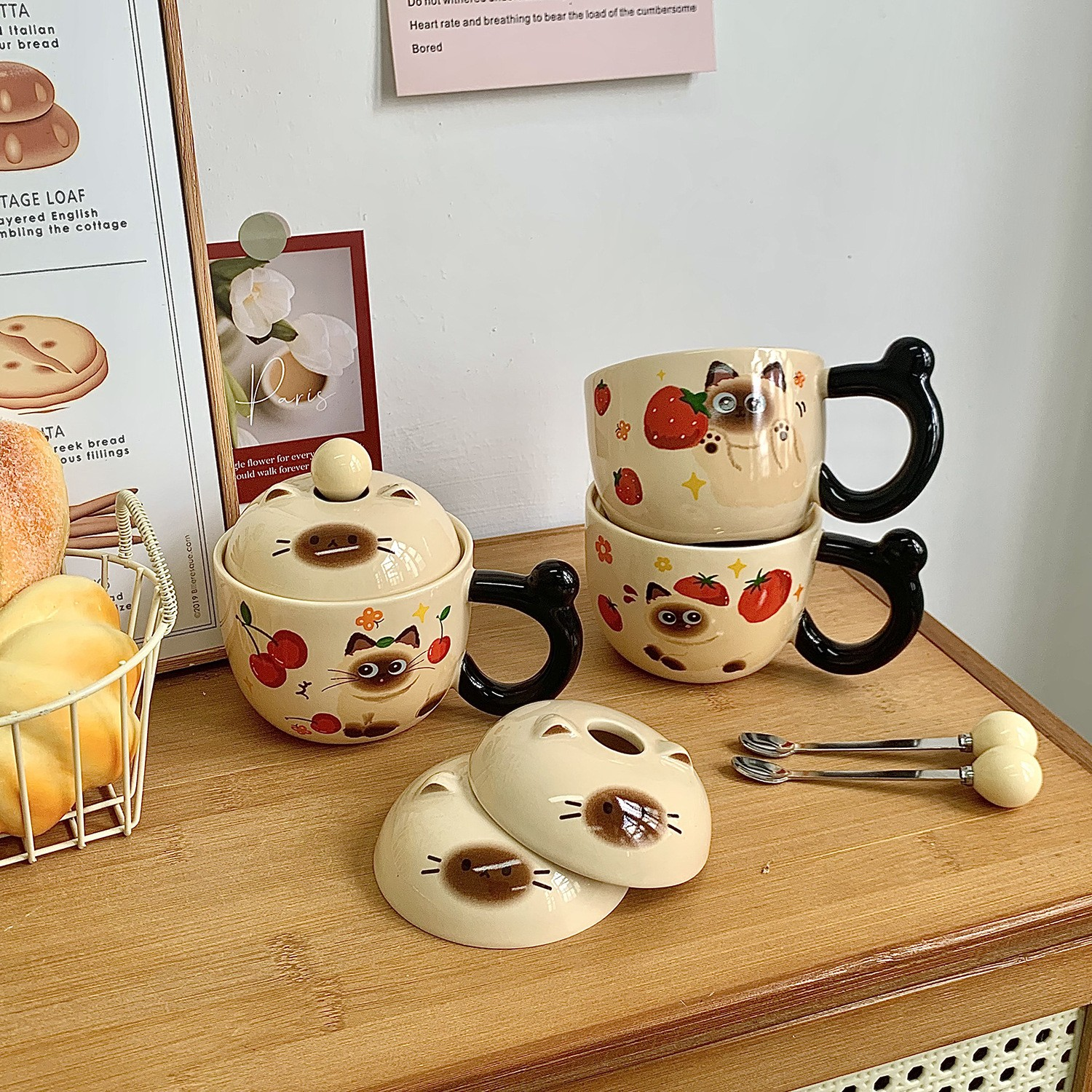 Siamese Cat Mug with Lid and Spoon