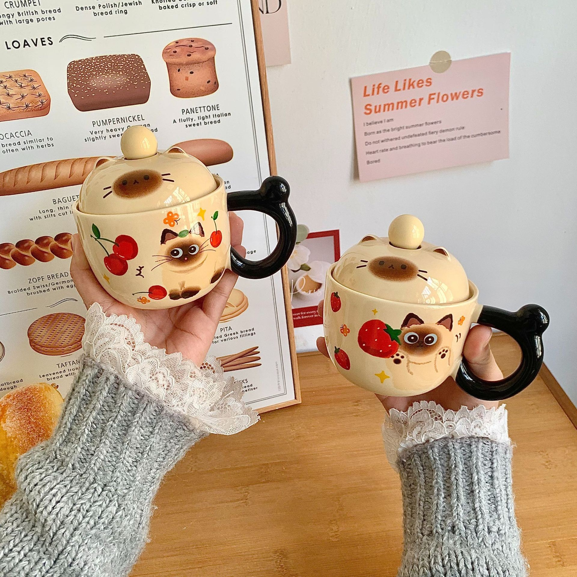 Siamese Cat Mug with Lid and Spoon