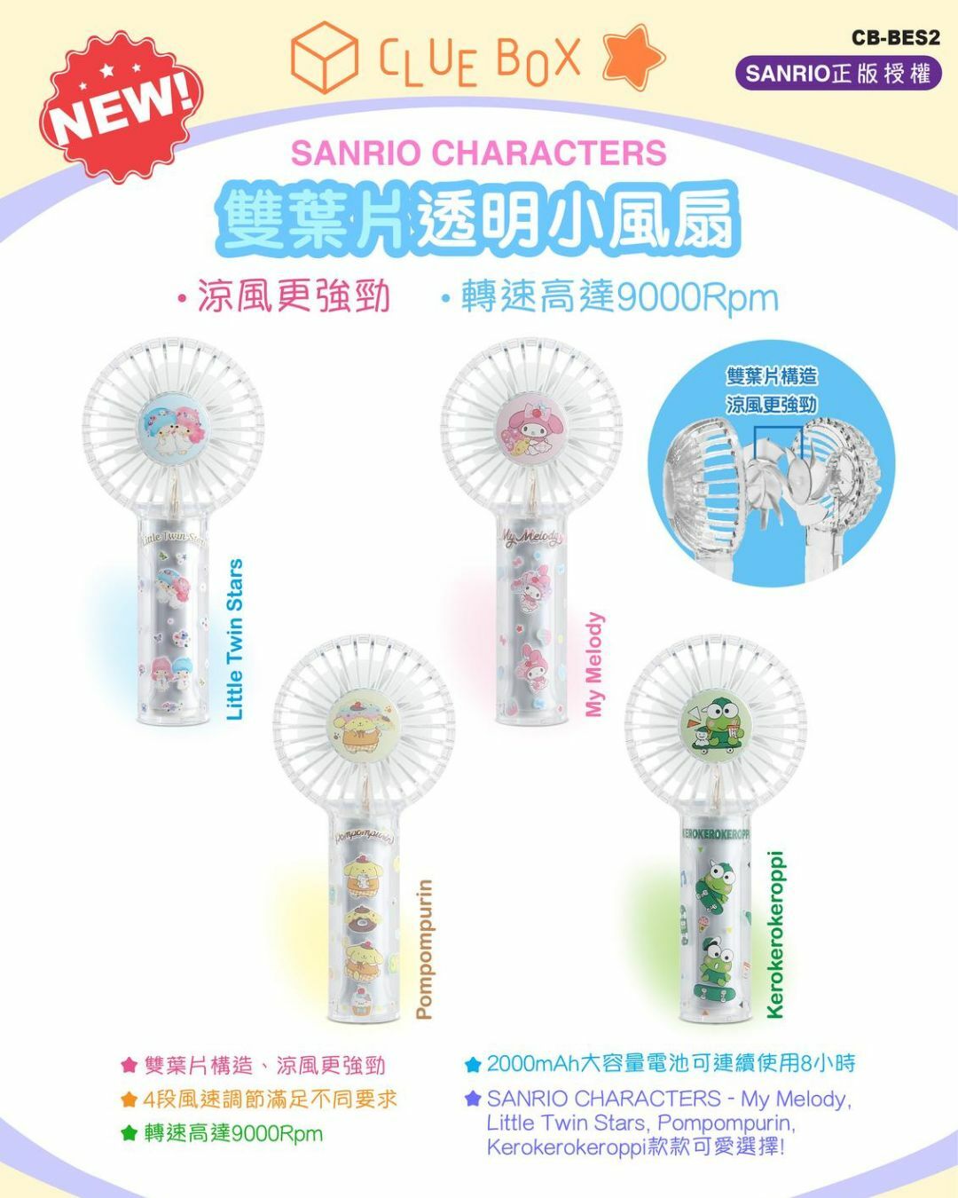 現 貨丨Clue Box 透明手提風扇 CB-BES2丨MY MELODY · LITTLE TWIN STARS · POMPOMPURIN · KEROPPI  4️⃣款