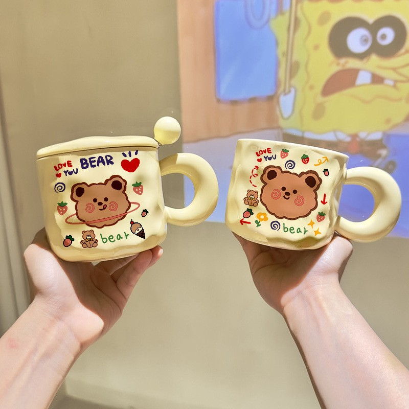 Korean Creamy Bear Mug with Chubby Handle, Lid & Spoon