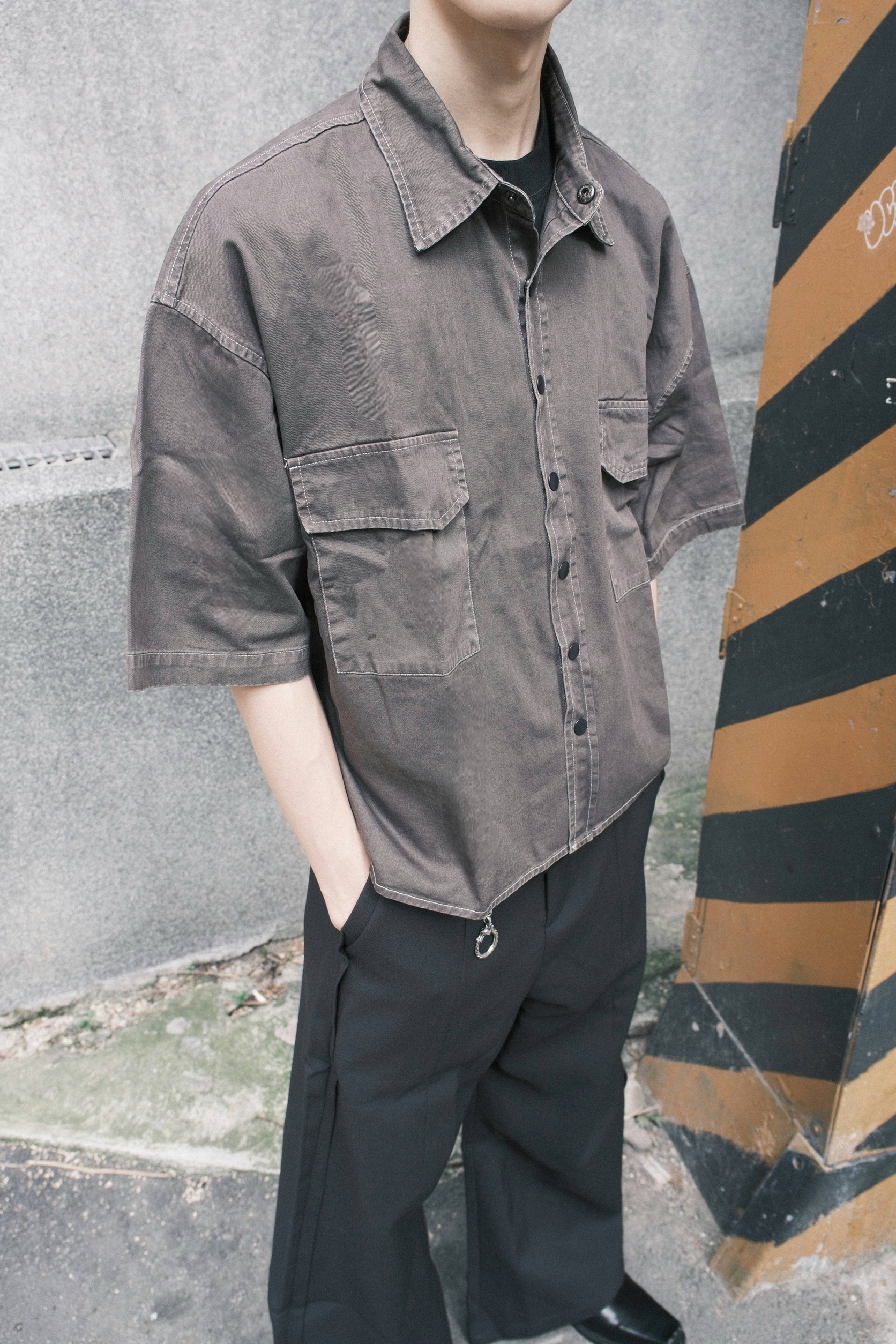 工裝風拼接寬鬆鈕扣短袖襯衫