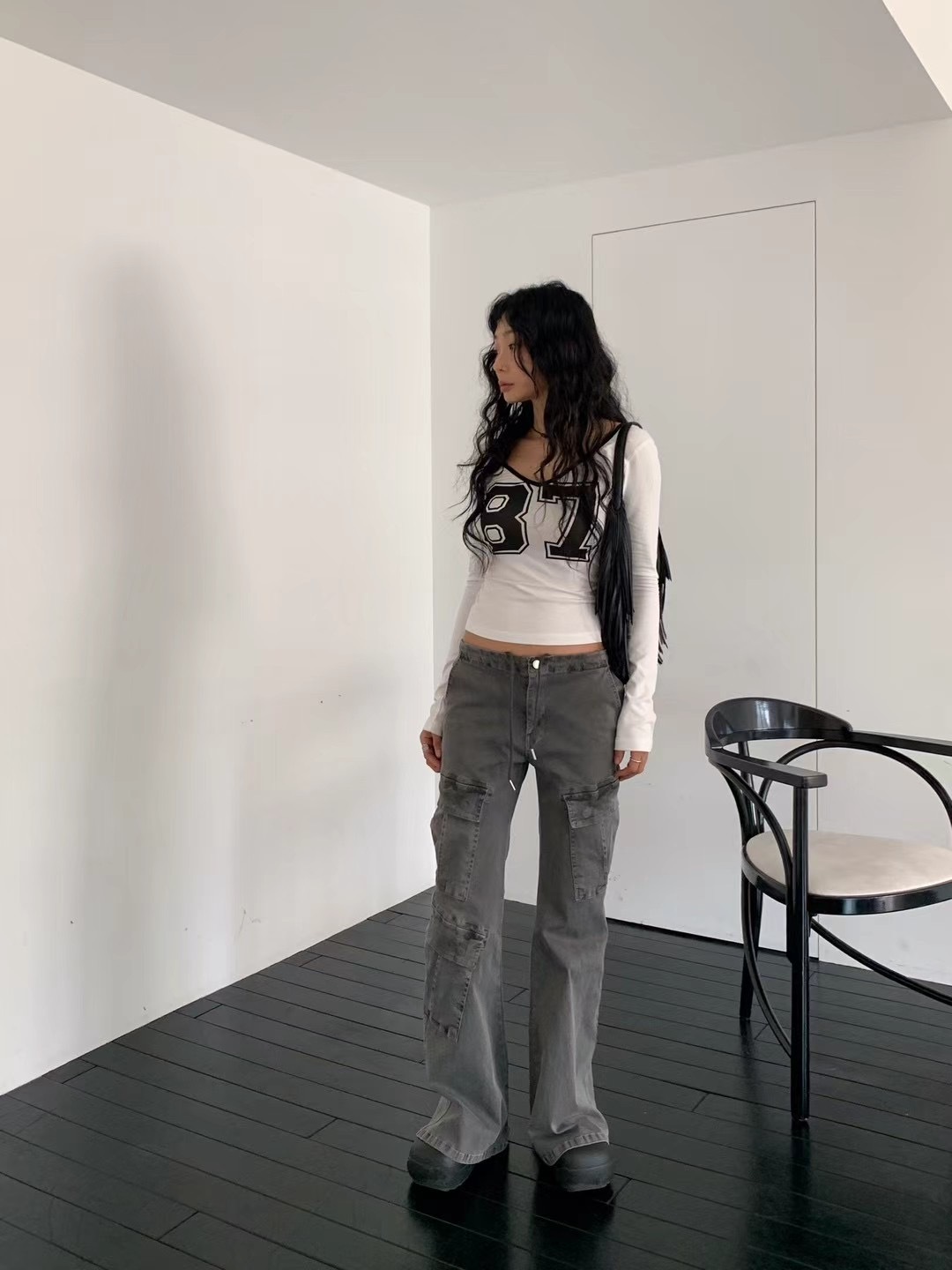 多袋工裝喇叭牛仔褲