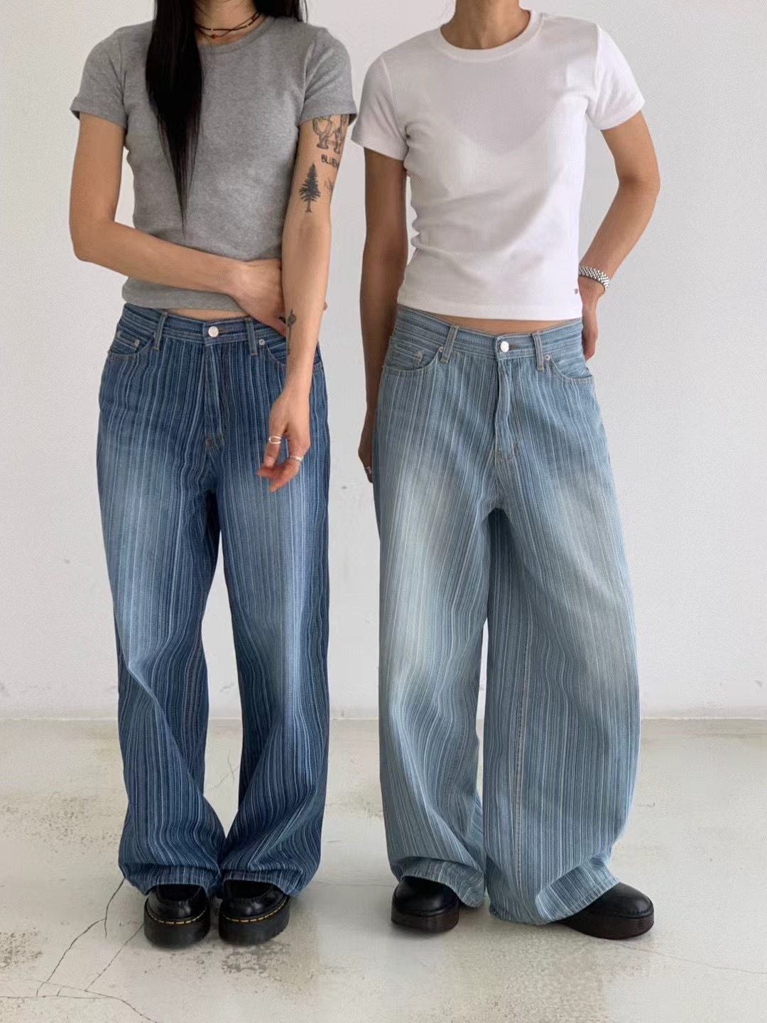 復古條紋刷色直筒牛仔褲