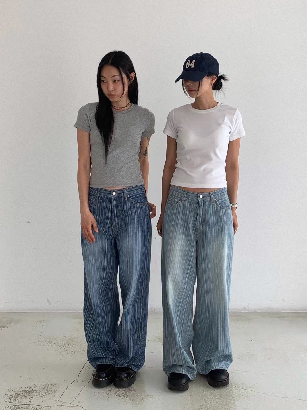 復古條紋刷色直筒牛仔褲