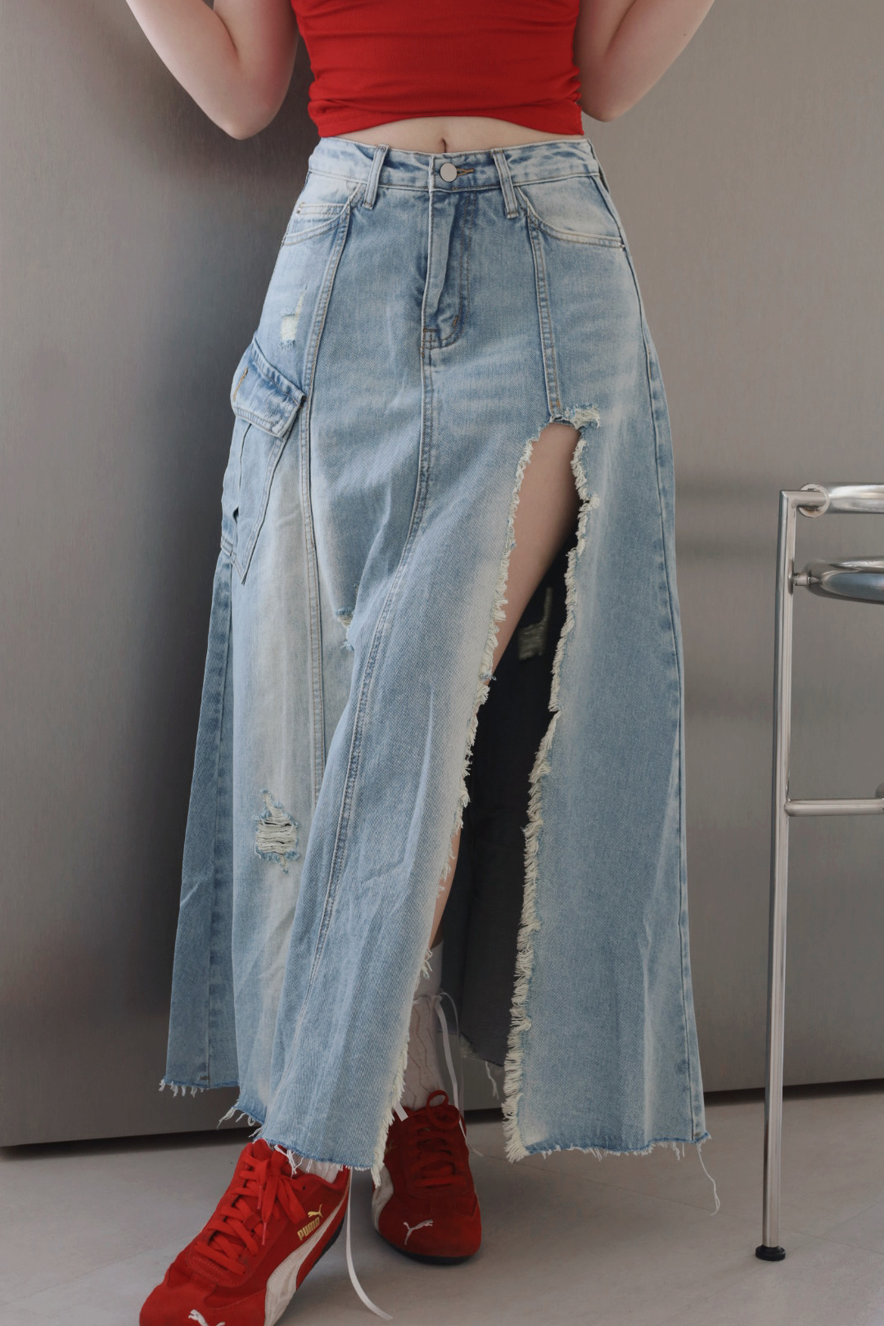 [ Ananas設計款✨] 工裝風高開衩牛仔長裙