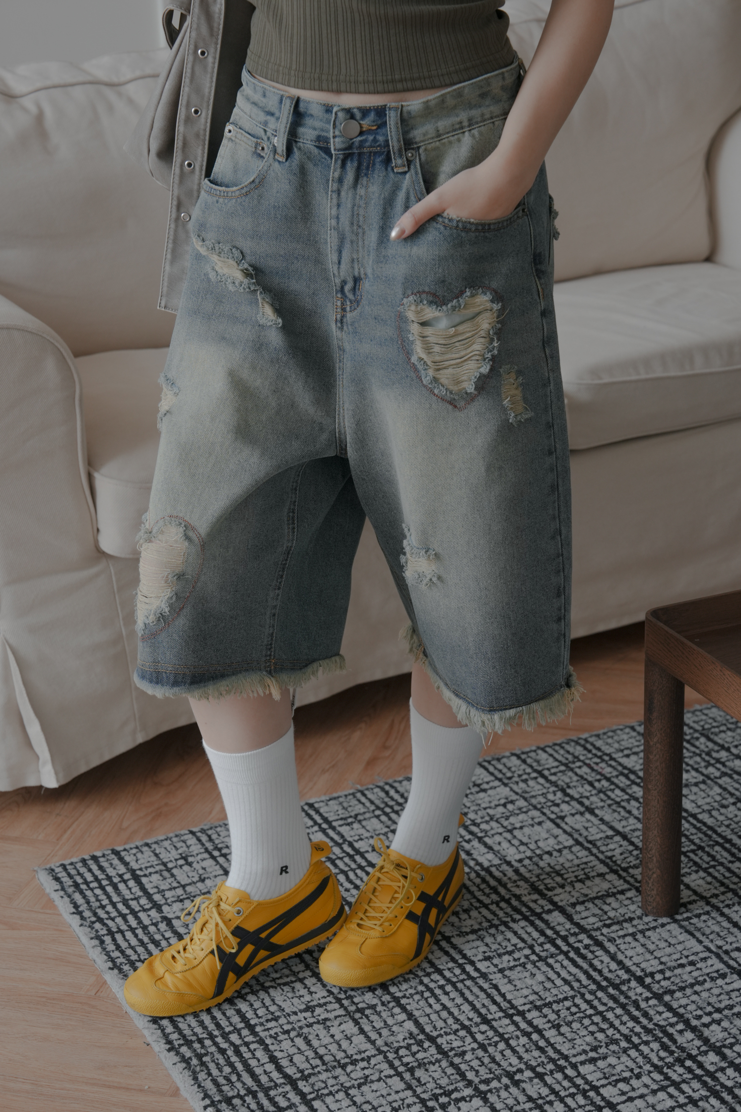 【Unisex】Heart Damage Shorts Jeans #七分褲