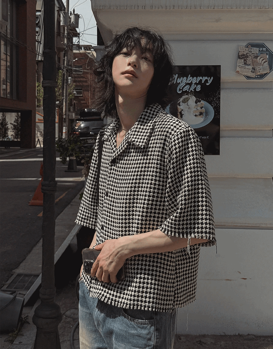 Hillin 格紋粗呢短袖襯衫