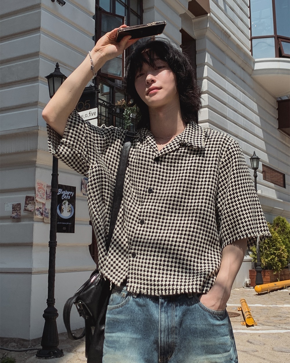 Hillin 格紋粗呢短袖襯衫