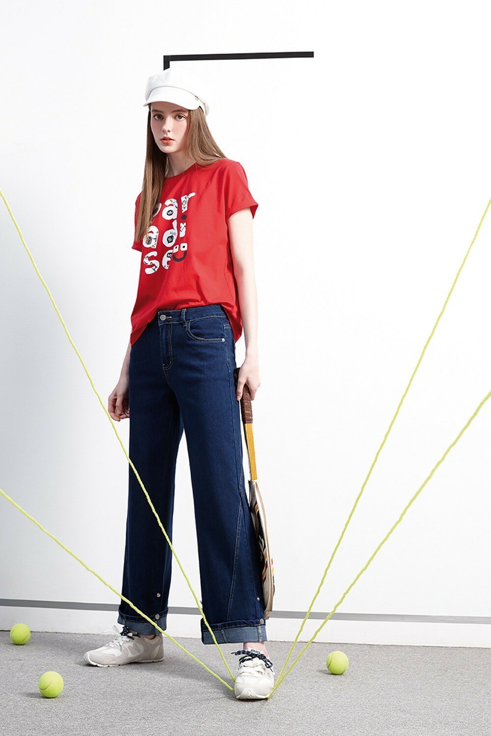 韓潮流時尚街頭牛仔褲口反摺釘釦造型修身寬管長褲W6311