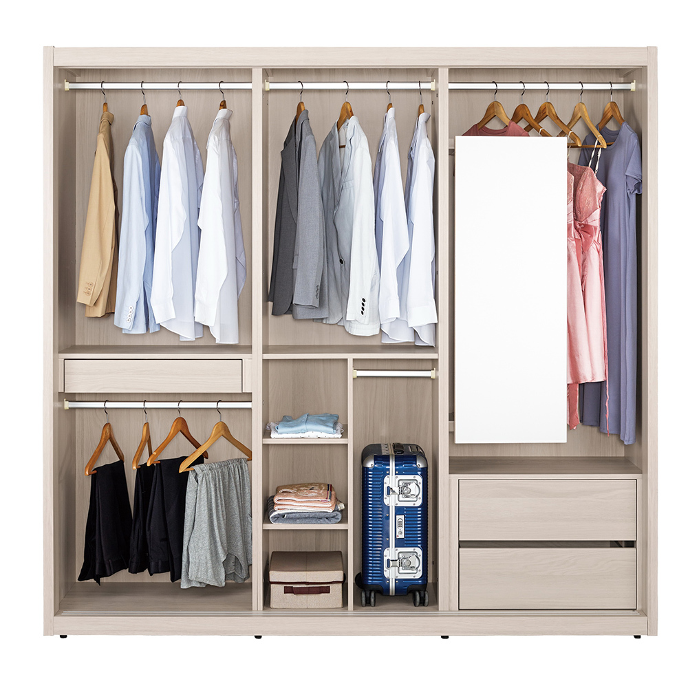 珊卓7尺長虹玻璃衣櫃推/拉門衣櫃(五吊桿+三抽+三格+穿衣鏡)